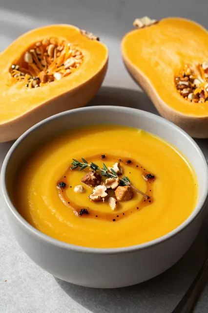 Creamy butternut squash soup garnished with hazelnuts, thyme and oil sits next to halved raw squash