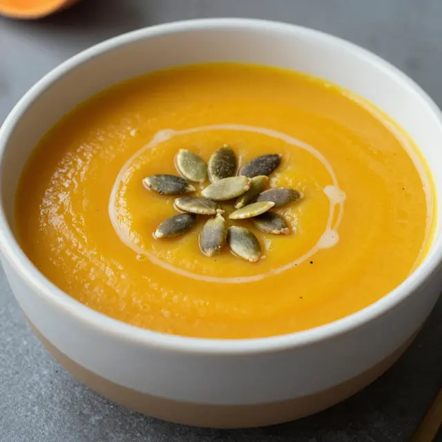 Creamy butternut squash soup topped with pumpkin seeds sits in a ceramic bowl on a gray surface