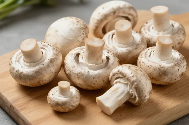 Fresh whole and stemmed button mushrooms arranged on a light wooden cutting board.