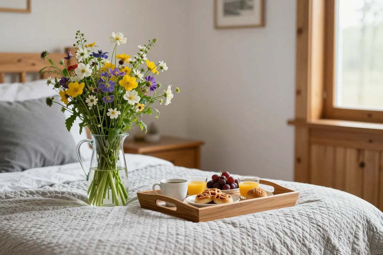 A wooden breakfast tray and wildflower pitcher rest on a quilted cabin bed beside a sunlit window.