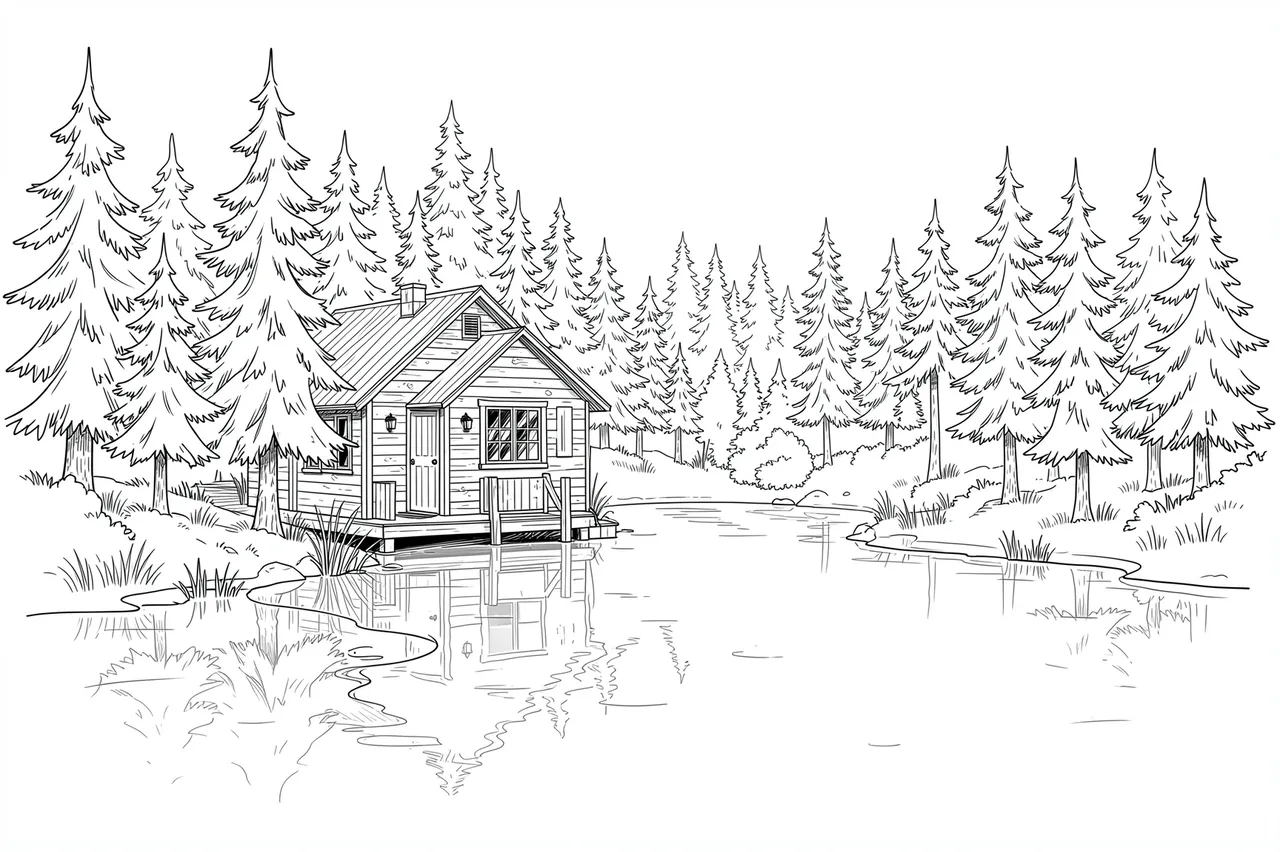Fine line art drawing of a small wooden cabin on a lakeshore surrounded by pine trees