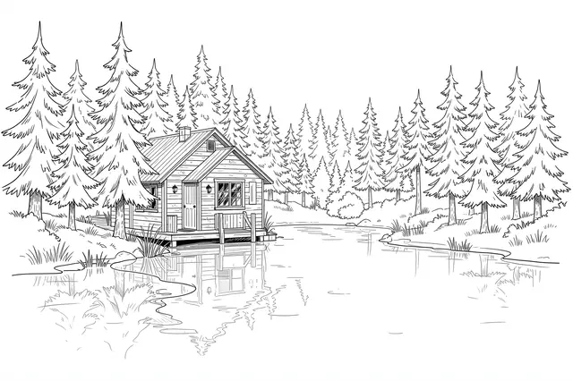 Fine line art drawing of a small wooden cabin on a lakeshore surrounded by pine trees