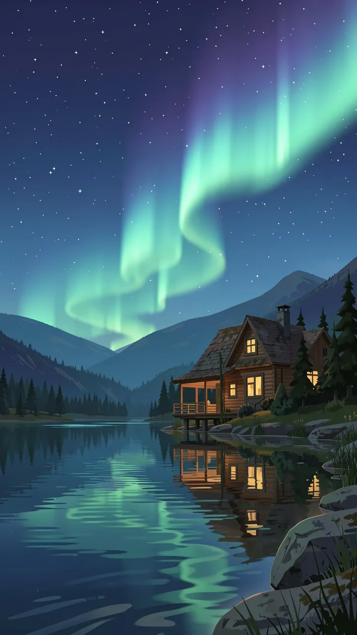 Lit wooden lakeside cabin sits beneath swirling green northern lights reflected in calm starry water