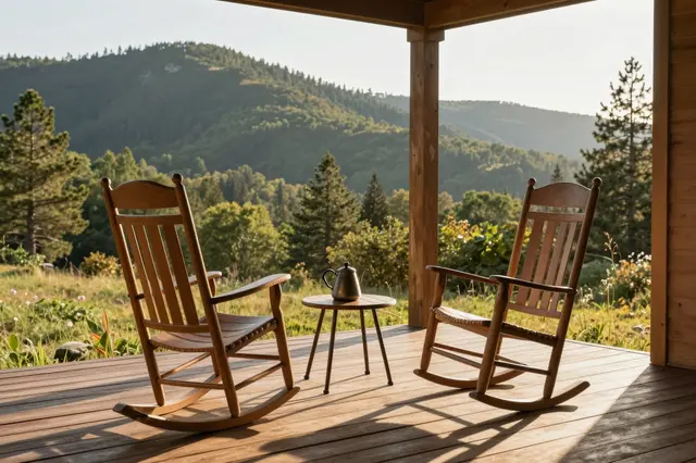 Two wooden rocking chairs flank a small side table with a coffee pot on a cabin porch overlooking pine hills at golden hour