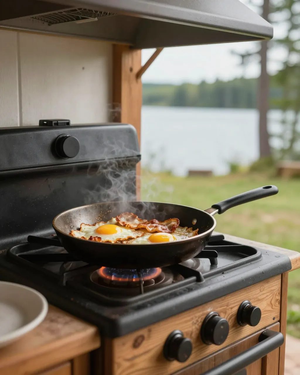 Fried eggs and bacon cook in a skillet on a lakeside cabin gas stove on a quiet morning
