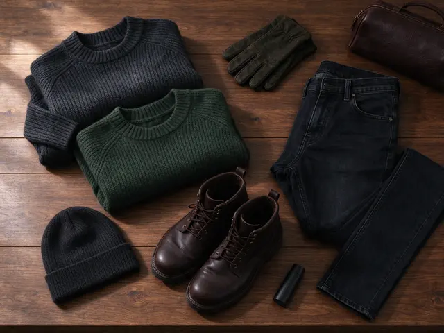 Overhead flat lay of folded cold weather travel clothing arranged on a warm wooden table