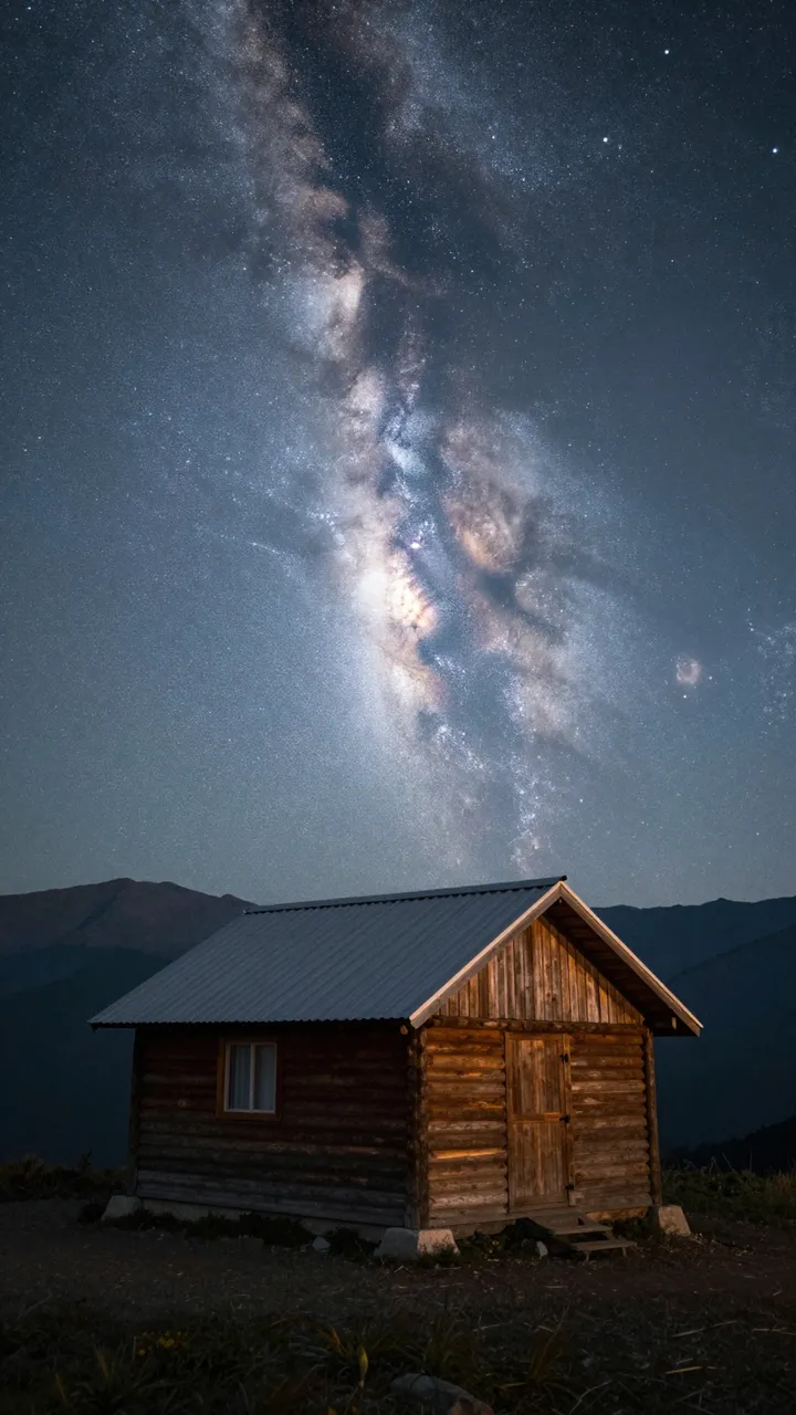 A lone wooden mountain cabin sits below a bright, sweeping milky way on a dark starry night