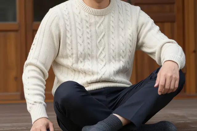 East Asian man seated outdoors on a wooden cabin deck in a cream cable-knit sweater