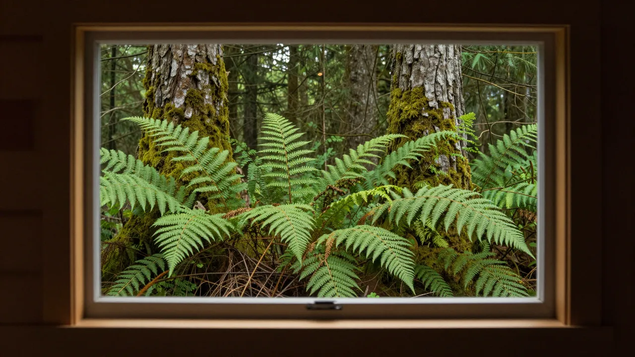 Looking out a wood framed cabin window at lush ferns and mossy tree trunks in a dense forest