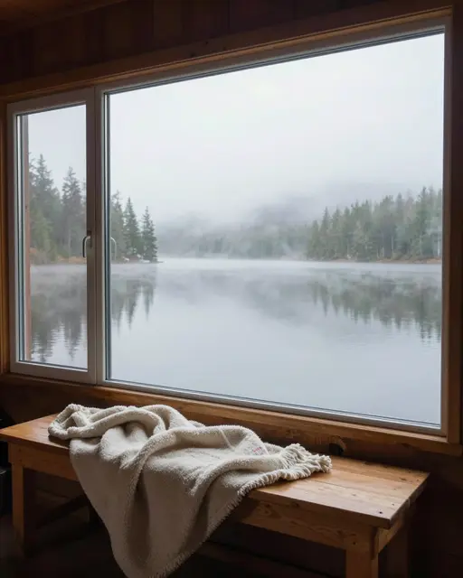 A wooden cabin bench with a fluffy blanket sits beside a large window overlooking a foggy forest lake.