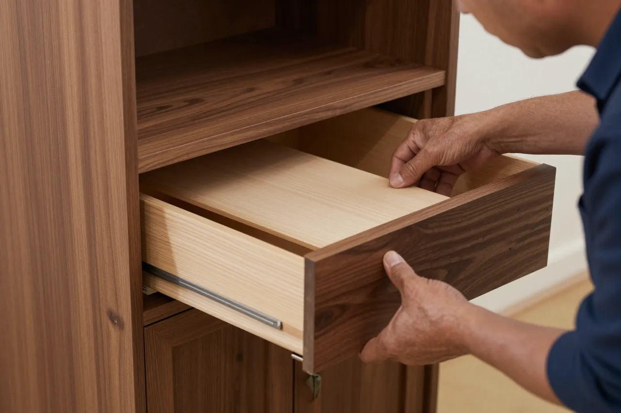 Partial view of a cabinetmaker sliding a finished wooden drawer into a walnut cabinet