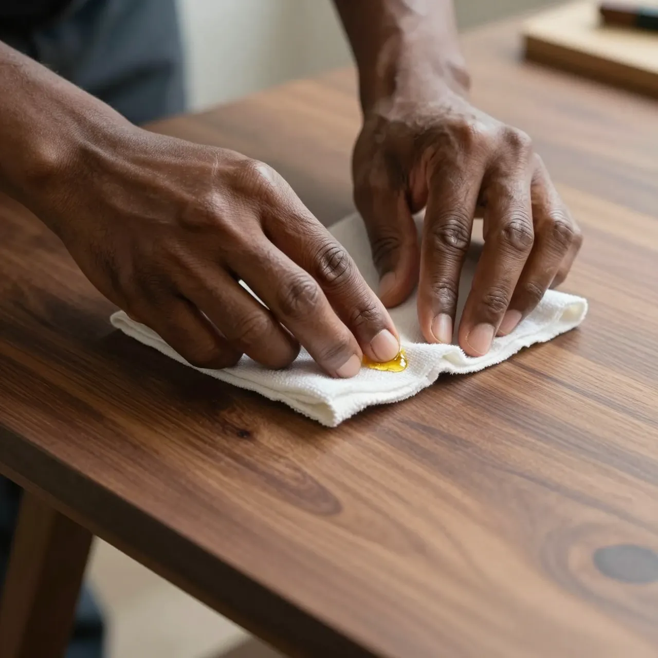 Close-up of a woodworker's hands rubbing finishing oil into a walnut tabletop with a cloth
