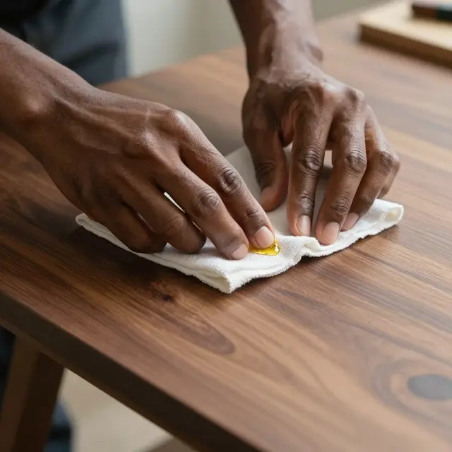 Close-up of a woodworker's hands rubbing finishing oil into a walnut tabletop with a cloth