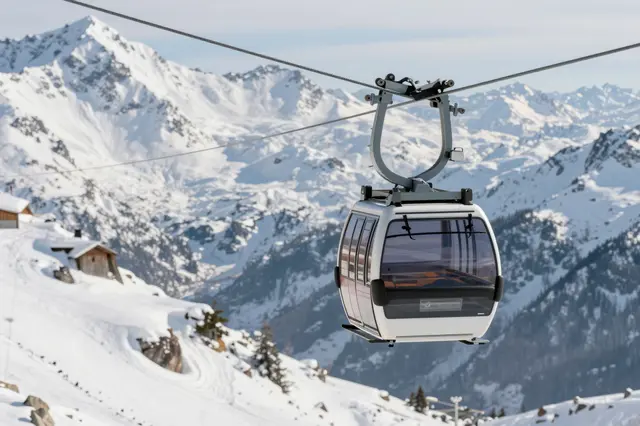 An empty ski gondola hangs from cables above a snow-covered alpine mountain range on a clear winter day.