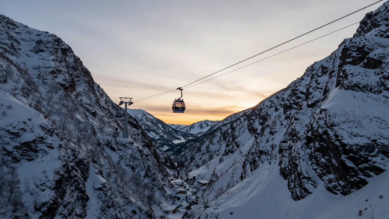 A cable car gondola hangs on lines between snow covered mountain slopes at sunset.
