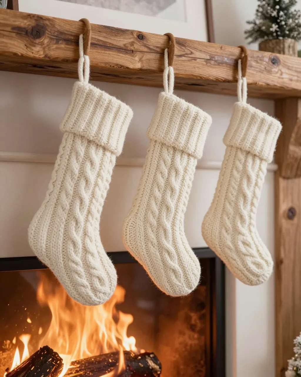 Three cream cable knit Christmas stockings hang from a reclaimed wood fireplace mantel above a glowing fire.