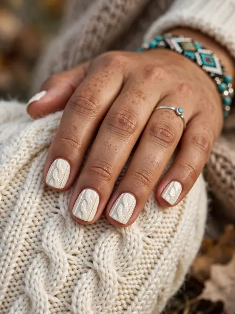 Close up of a hand with raised cream cable-knit nail art resting on a cream knit sweater