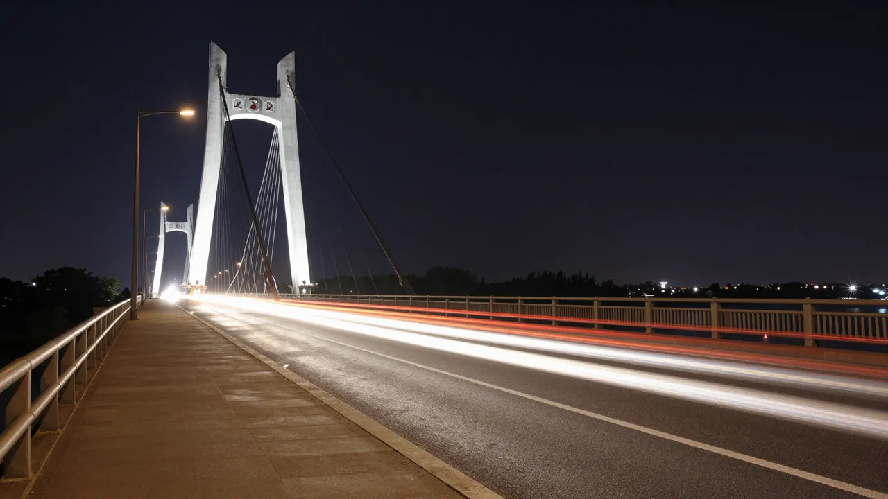 A modern cable-stayed bridge at night shows bright long-exposure car light trails across the roadway