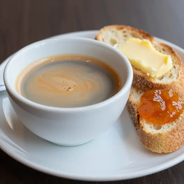 A white bowl of cafe au lait sits on a plate with buttered toast and apricot jam tartine
