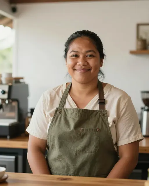 Smiling Pacific Islander barista stands behind a wooden coffee bar in morning light