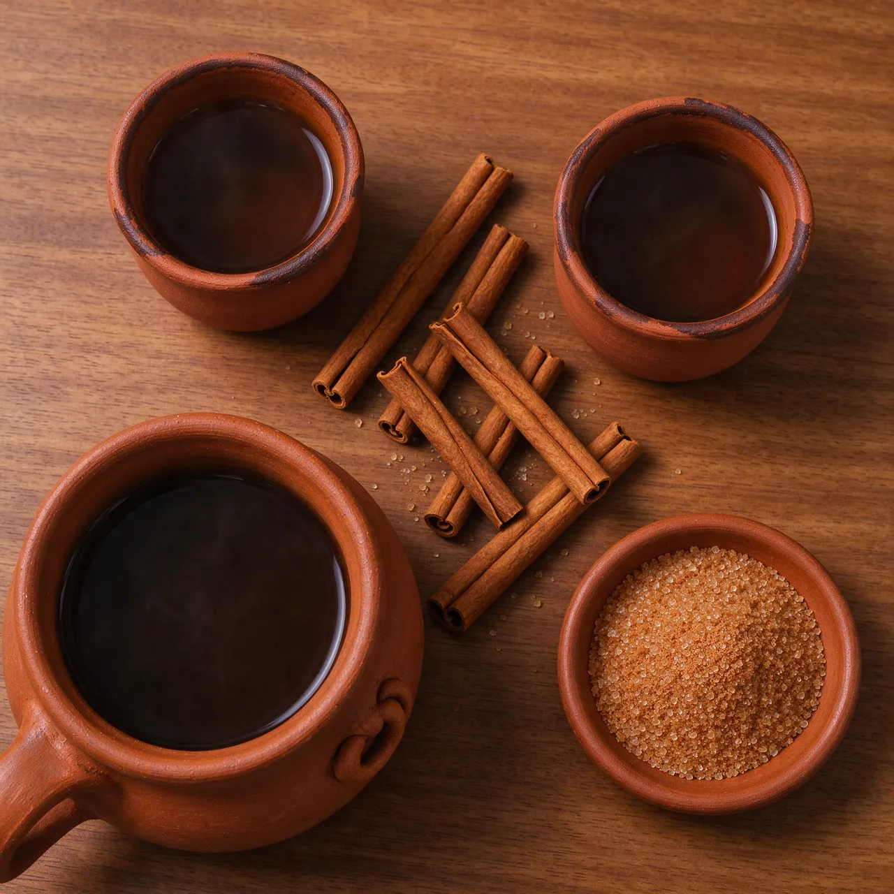 Overhead view of clay café de olla mugs, a clay pot, cinnamon sticks, and brown sugar on a wooden table.
