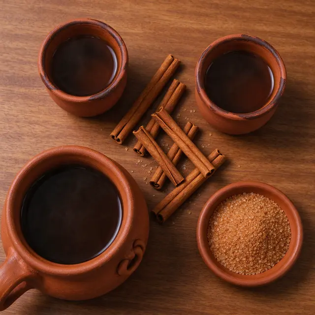 Overhead view of clay café de olla mugs, a clay pot, cinnamon sticks, and brown sugar on a wooden table.