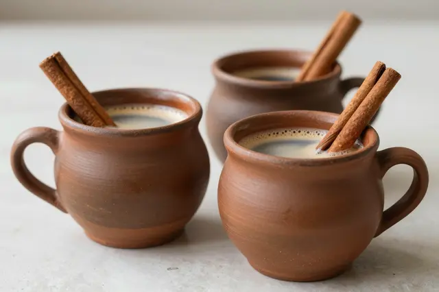 Three hand-thrown clay mugs of cafe de olla sit topped with whole cinnamon sticks on a light stone surface