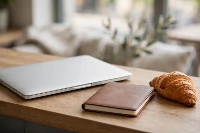 Closed silver laptop, brown leather notebook, and fresh croissant rest on a wooden cafe counter