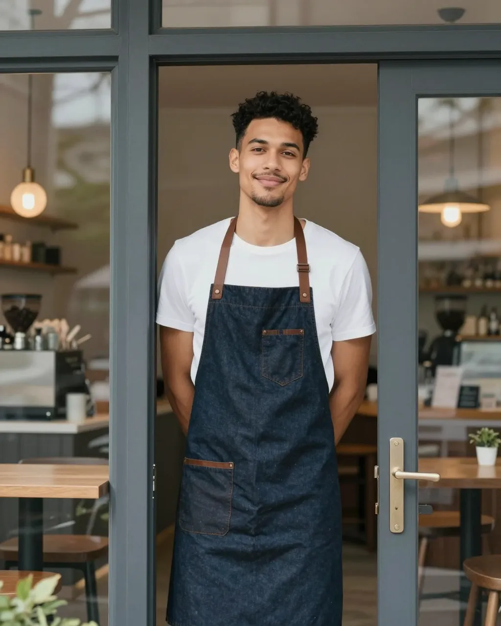 Smiling mixed-race cafe owner in a denim apron stands in his shop's entrance at opening time
