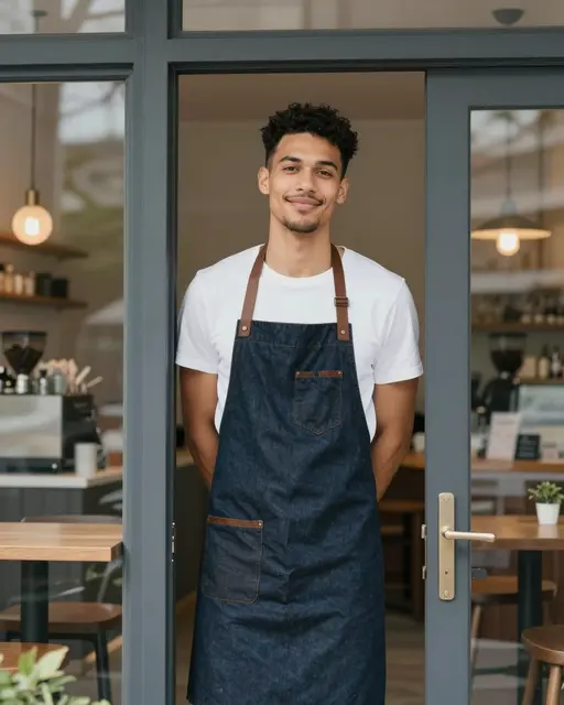 Smiling mixed-race cafe owner in a denim apron stands in his shop's entrance at opening time