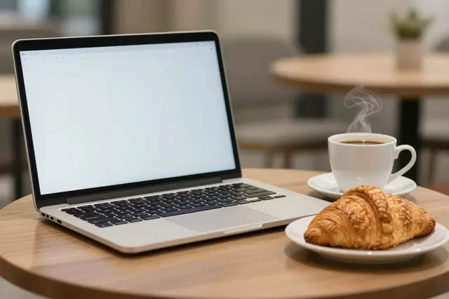 An open blank unbranded laptop sits next to a steaming coffee cup and fresh croissant on a wooden cafe table