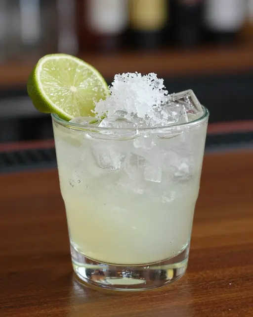 A chilled caipirinha cocktail with lime, crushed ice and sugar sits on a wooden bar top.