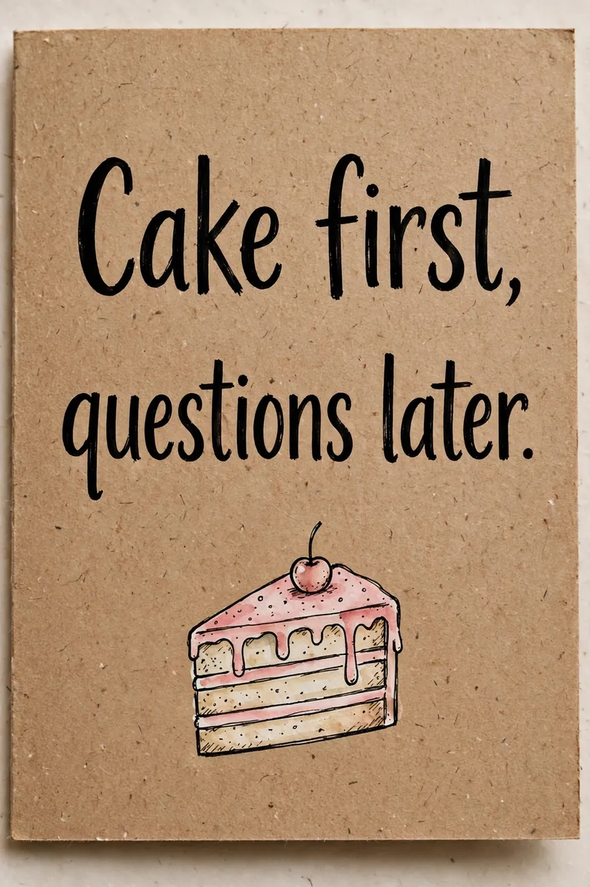 Hand-drawn kraft paper card displaying the quote "Cake first, questions later" above an illustrated slice of cake.