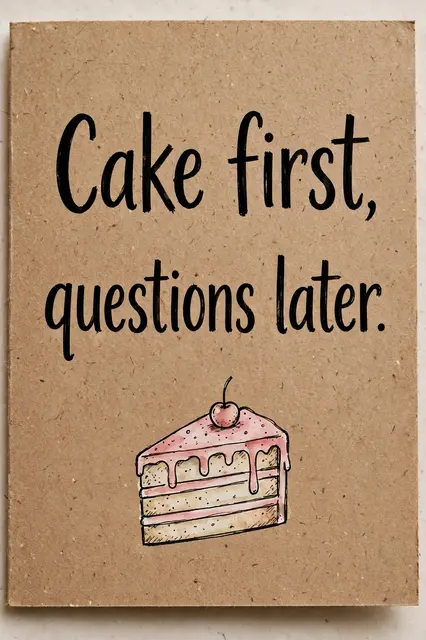 Hand-drawn kraft paper card displaying the quote "Cake first, questions later" above an illustrated slice of cake.