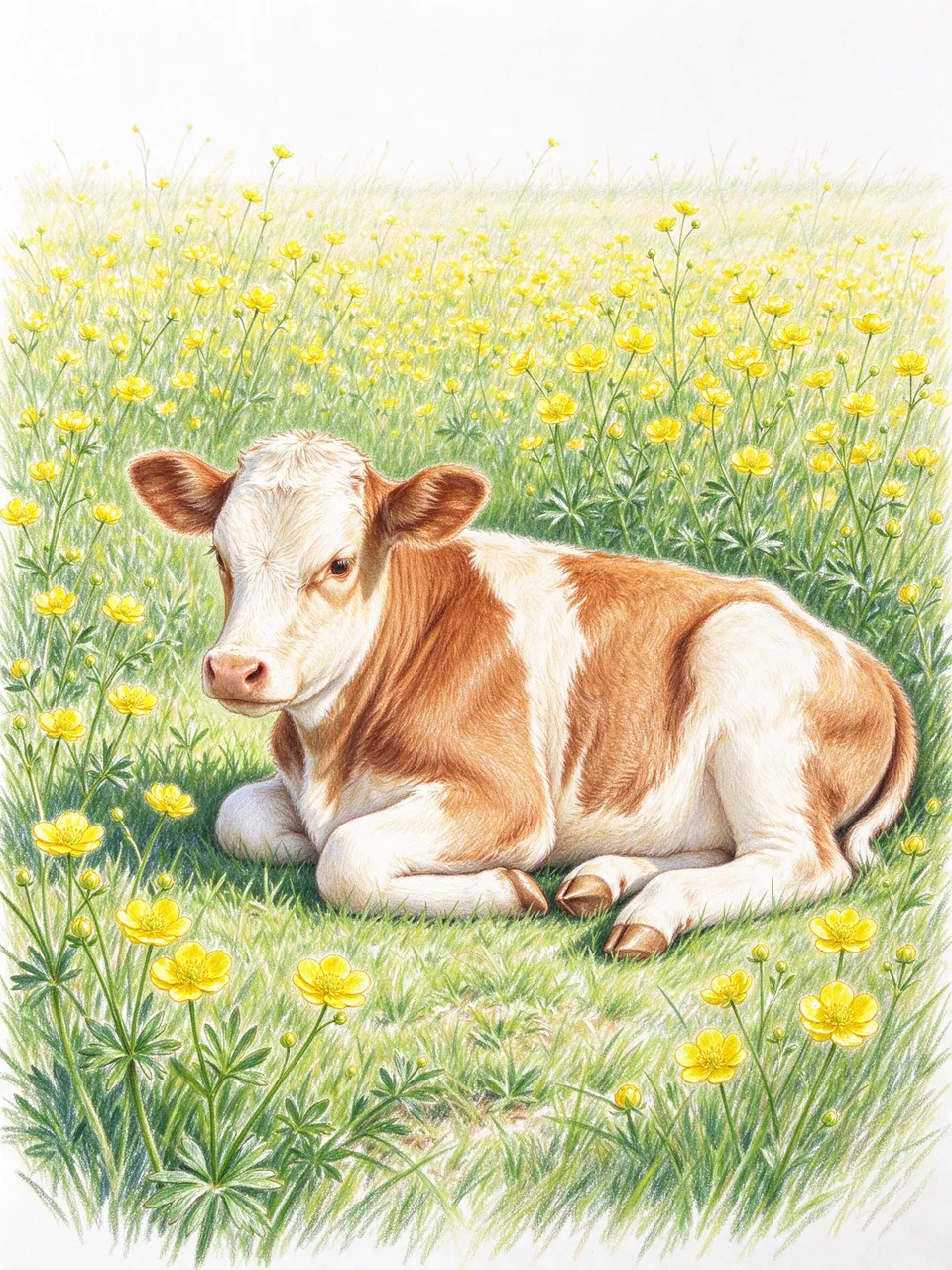 Colored pencil drawing of a brown and white calf lying peacefully in a field of yellow buttercups.