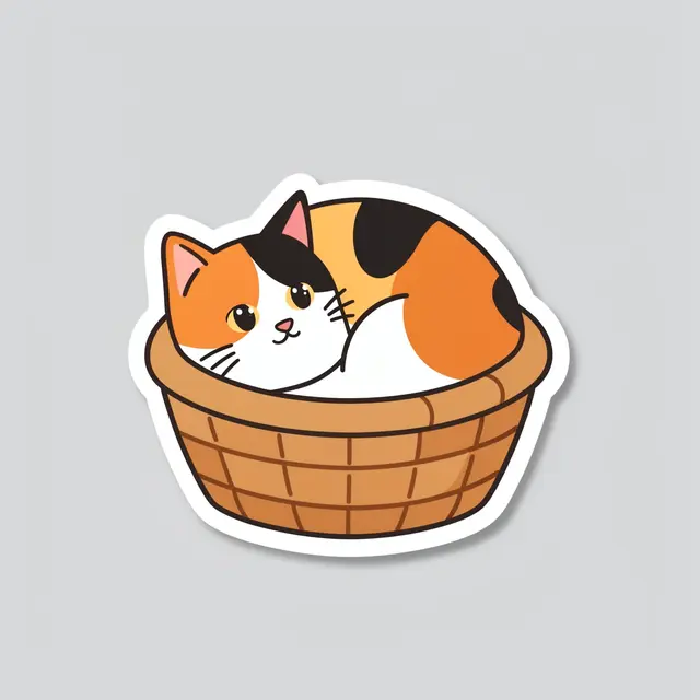 Cute flat illustration sticker of a curled calico cat in a wicker basket with a white die-cut border on light gray background