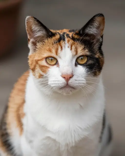 A patched orange, black and white calico cat looks directly at the camera with calm golden eyes.