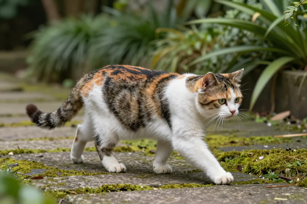 Side view of a patched calico cat walking slowly along a moss-covered stone garden path