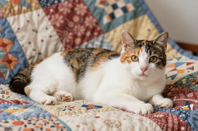 A relaxed calico cat lies facing the camera on a colorful patterned patchwork quilt.
