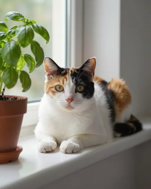 A calico cat rests next to a potted basil plant on a bright kitchen windowsill.