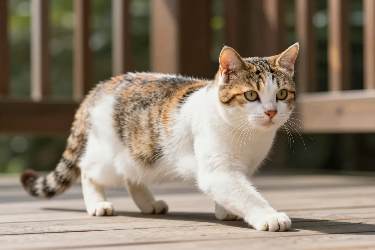 A calico cat stretches across wooden porch flooring in bright, warm sunlight