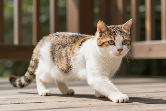 A calico cat stretches across wooden porch flooring in bright, warm sunlight