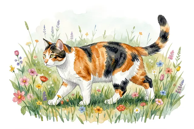 Side view watercolor illustration of a calico cat walking through a sunlit wildflower meadow
