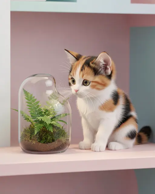 Soft 3D rendered calico kitten sits next to a tiny fern terrarium on a pastel shelf