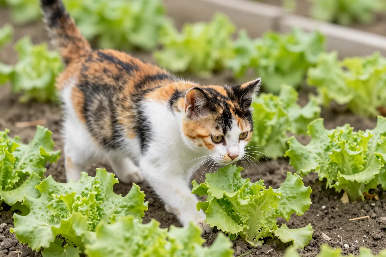 A calico kitten with orange, black and white patches walks curiously among young lettuce plants in a garden bed.