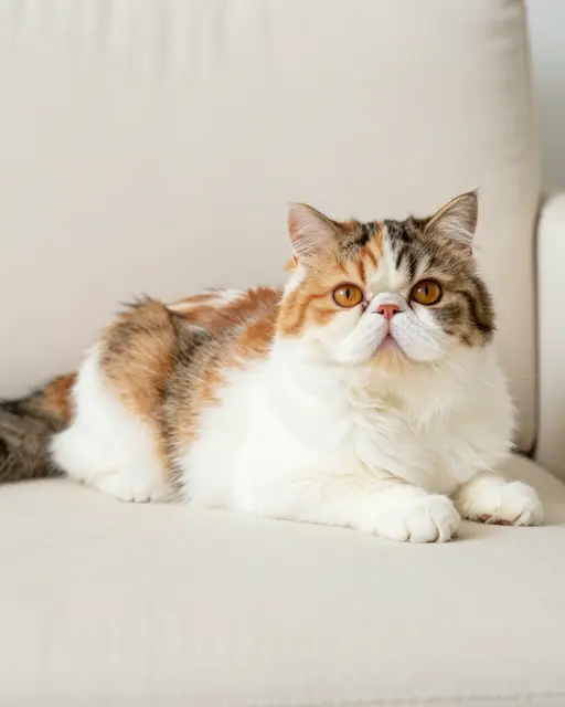 A long-haired calico Persian cat lies resting on a soft cream upholstered sofa.