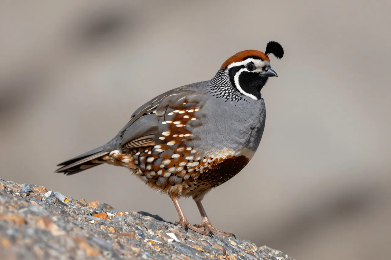 A California quail with a curled topknot stands alert on a gravelly rock against a soft blurred background