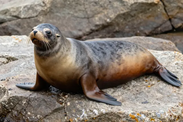 A California sea lion rests sunbathing on rough weathered coastal rocks