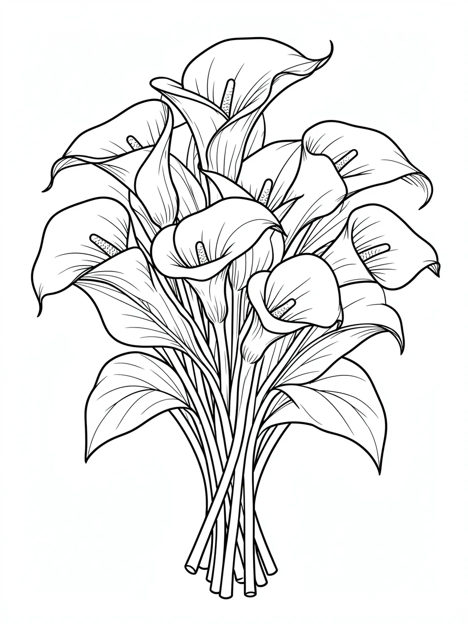 Black and white line art illustration of an intricate calla lily bouquet on a plain white background