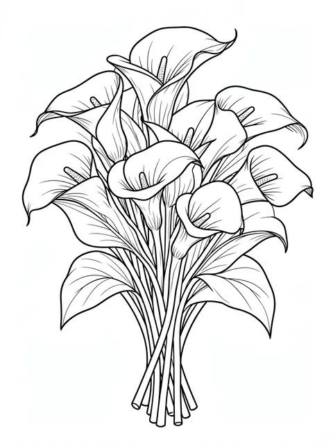 Black and white line art illustration of an intricate calla lily bouquet on a plain white background